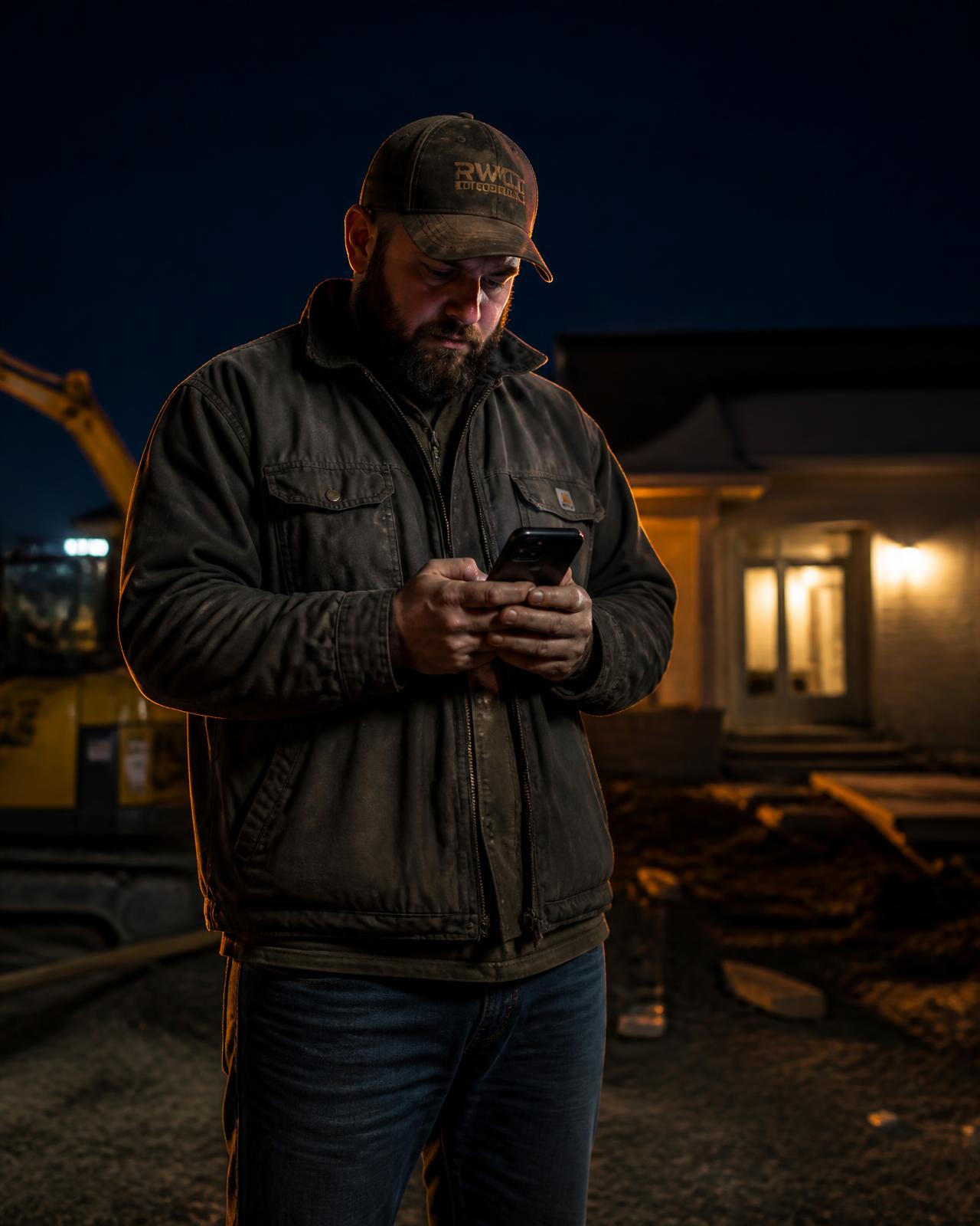 Contractor reviewing a quote on his phone at a job site at dusk